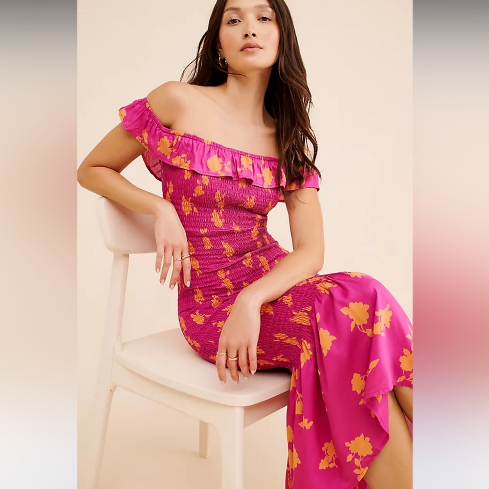 NWT By Anthropologie Off-The-Shoulder Smocked Midi Dress Pink Orange Floral XL